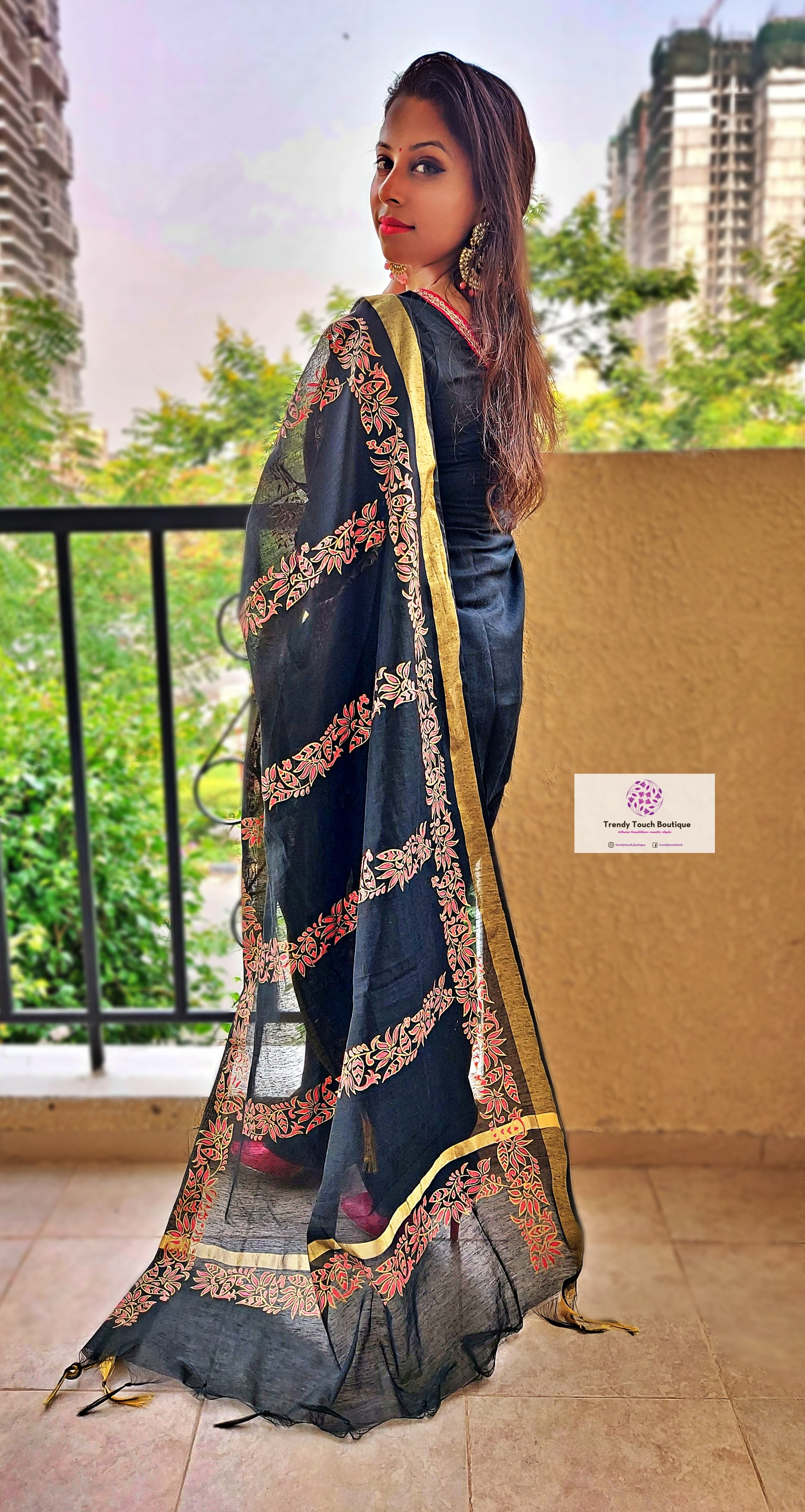 Handpainted black chanderi silk dupatta for special celebration and gifting