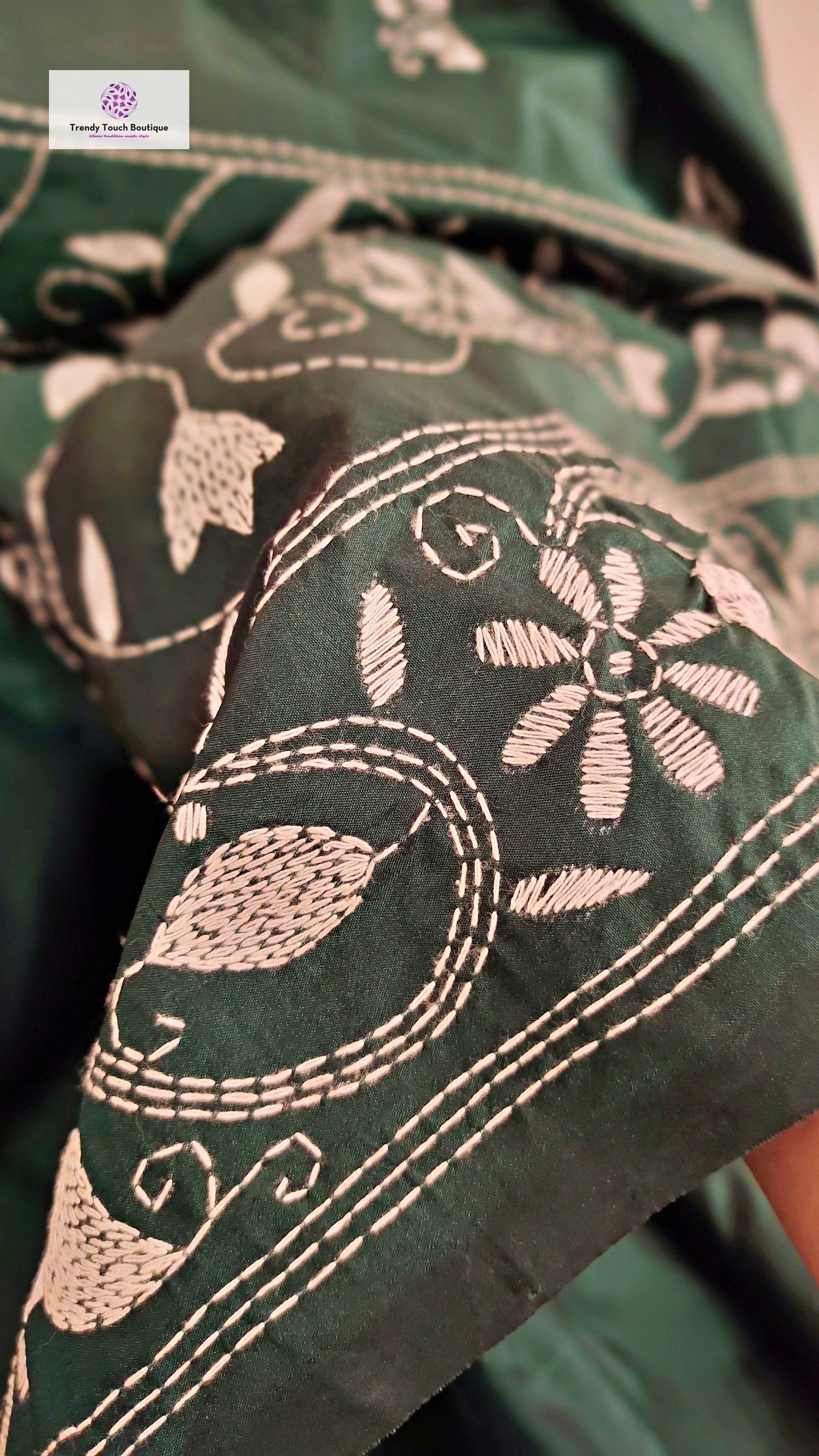 Kantha Stitch Work hand embroidered Green Designer Soft Blended Bangalore Silk Saree best price new design festive fashion wedding party wear marriage function special occasion with blouse piece