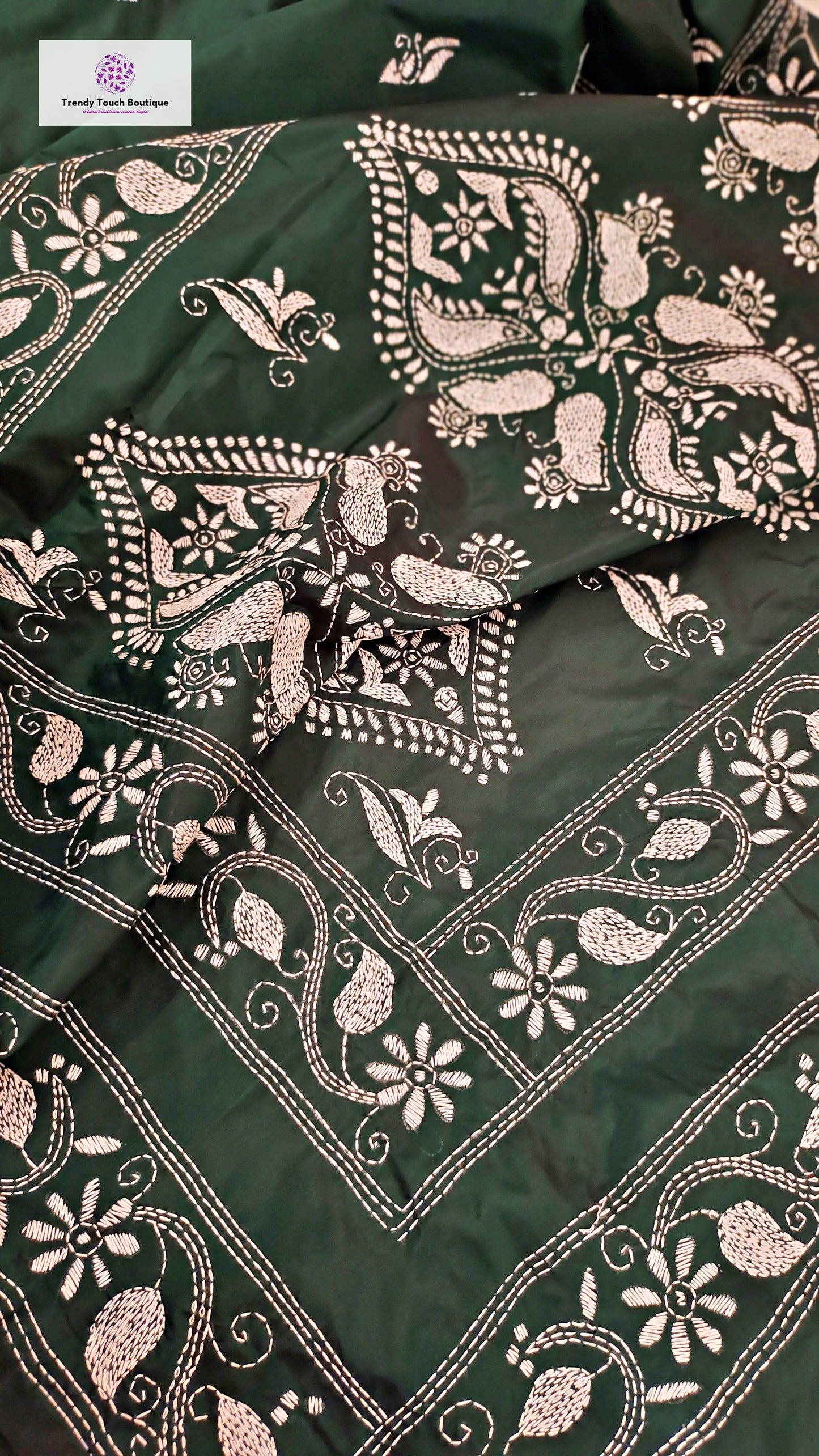 Kantha Stitch Work hand embroidered Green Designer Soft Blended Bangalore Silk Saree best price new design festive fashion wedding party wear marriage function special occasion with blouse piece