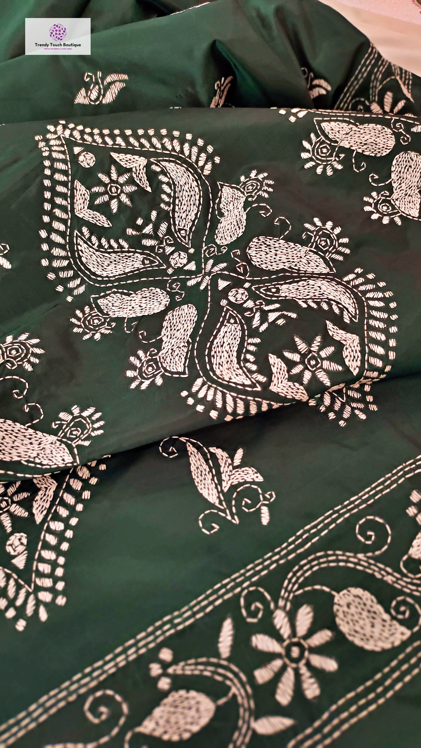 Kantha Stitch Work hand embroidered Green Designer Soft Blended Bangalore Silk Saree best price new design festive fashion wedding party wear marriage function special occasion with blouse piece