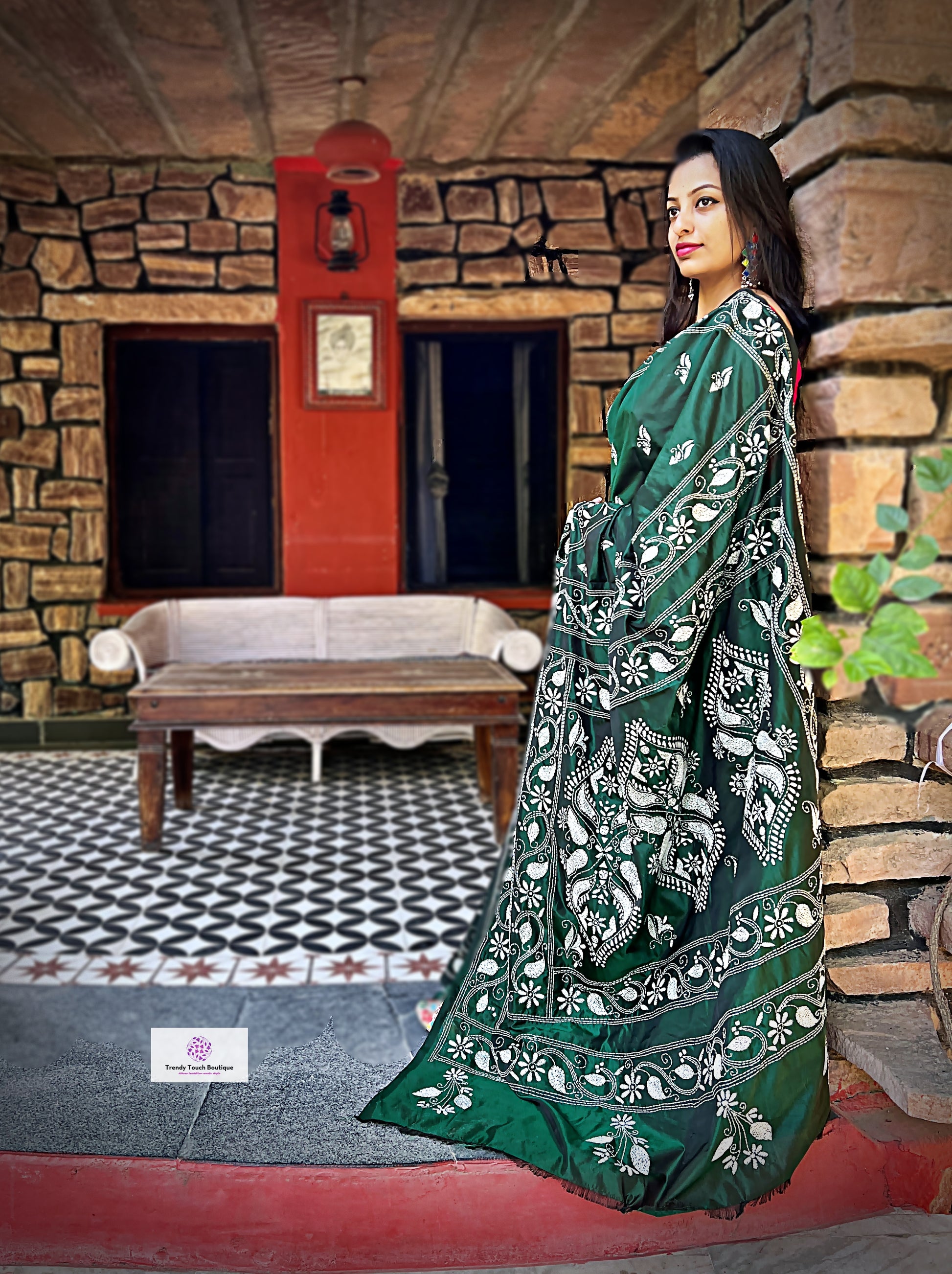 Kantha Stitch Work hand embroidered Green Designer Soft Blended Bangalore Silk Saree best price new design festive fashion wedding party wear marriage function special occasion with blouse piece