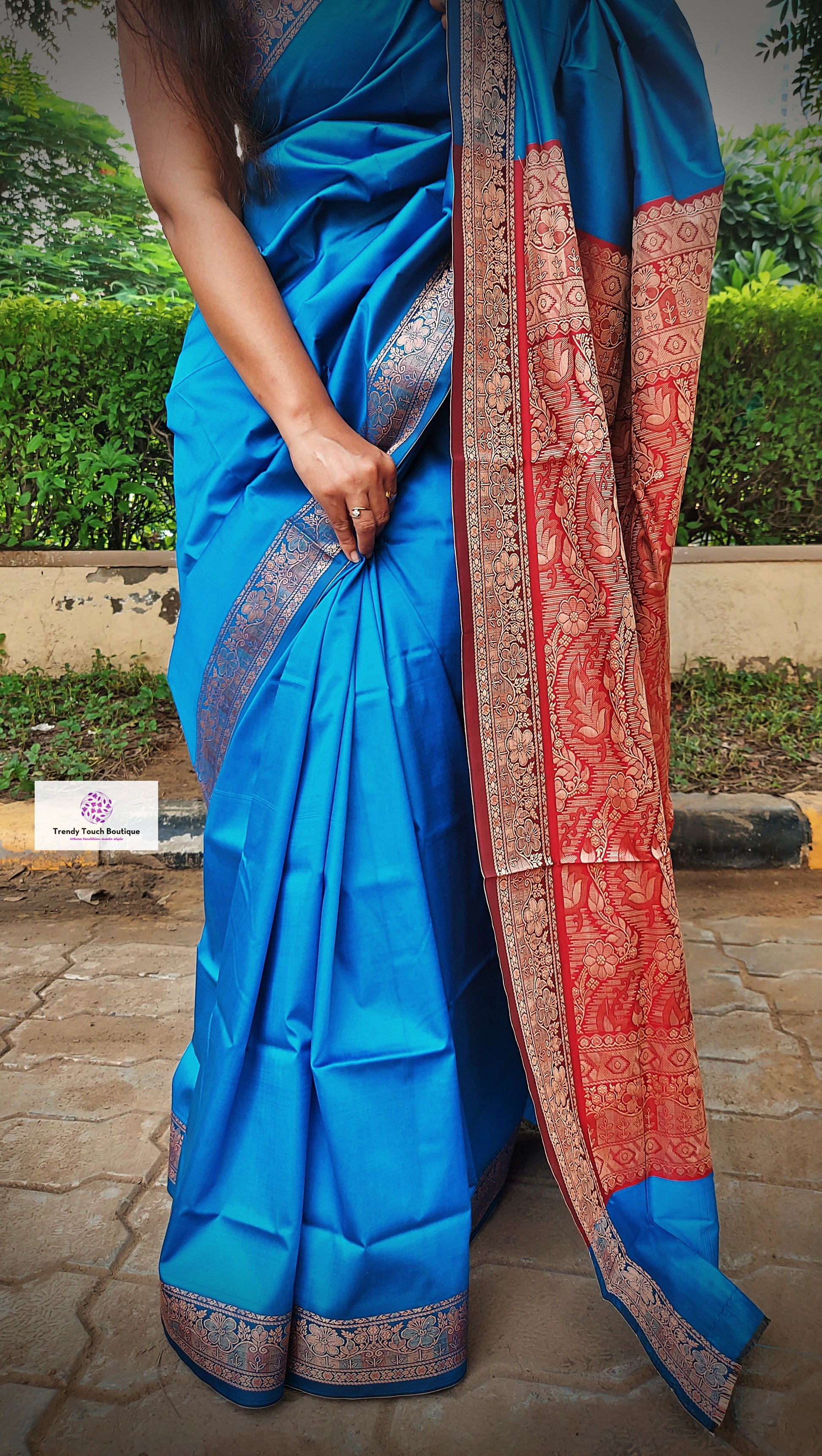 bridal lightweight sarees for gifting semi katan silk blue and red color perfect for bridal trousseau diwali gifts sarees for marriage wedding functions