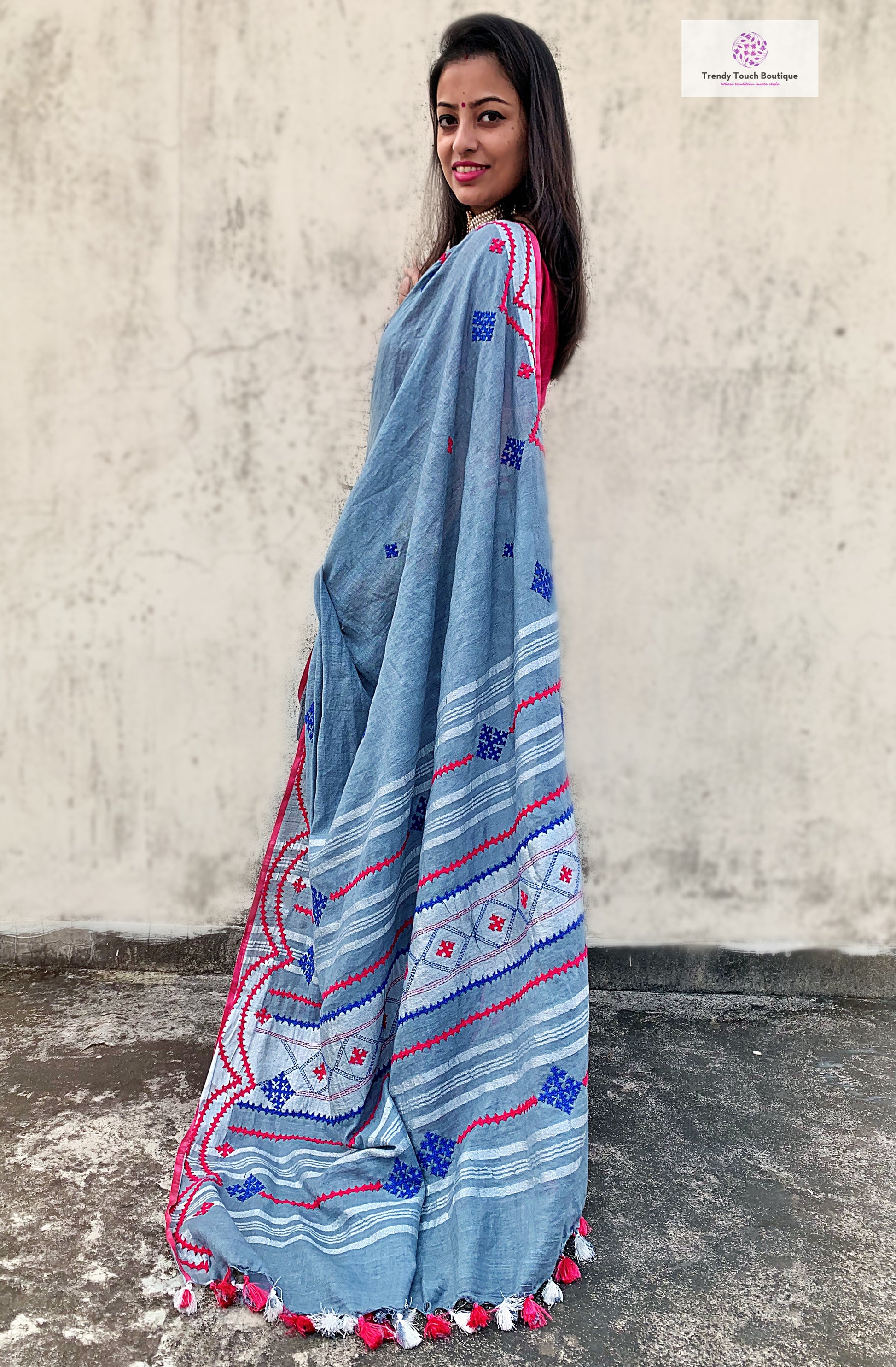 kutch work linen cotton summer wear sarees for office and special ocassion lightweight blue pink color with contrast blouse piece only summer weddings best price 
