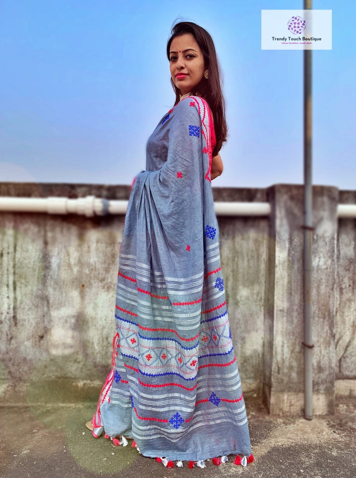 Mesmerizing Blue Floral Design Digital Print Linen Saree - Loomfolks