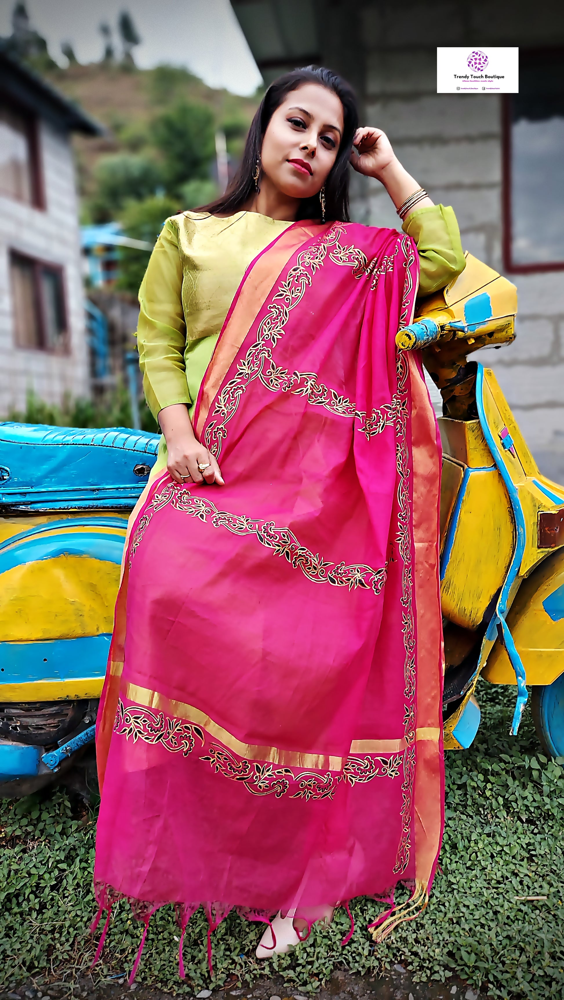 Handpainted pink floral design chanderi silk dupatta for special celebration and gifting