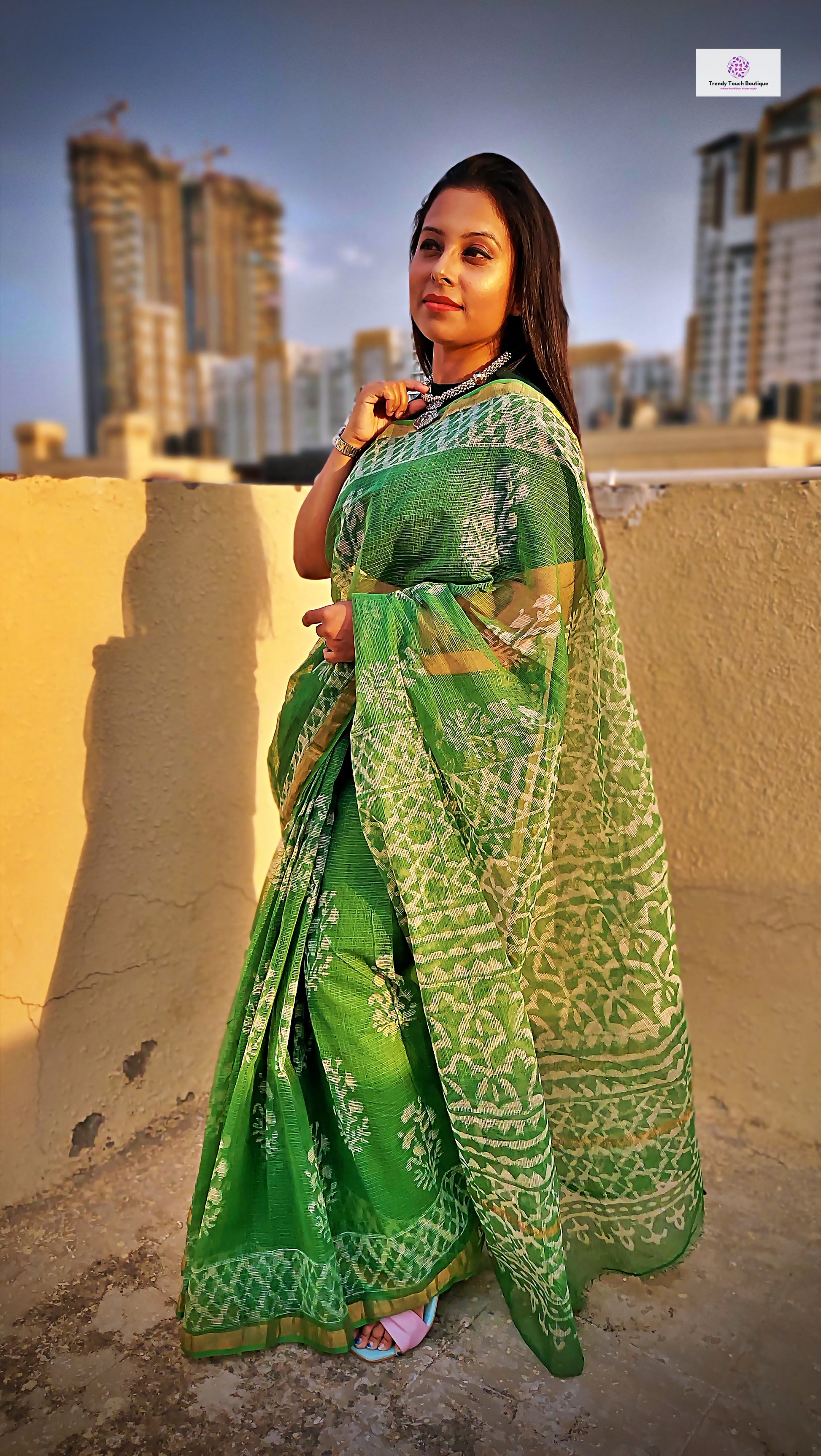 Organic Kota Doria Saree Handblock print in natural dye green soft best summer saree for office and casual outing best price with blouse piece