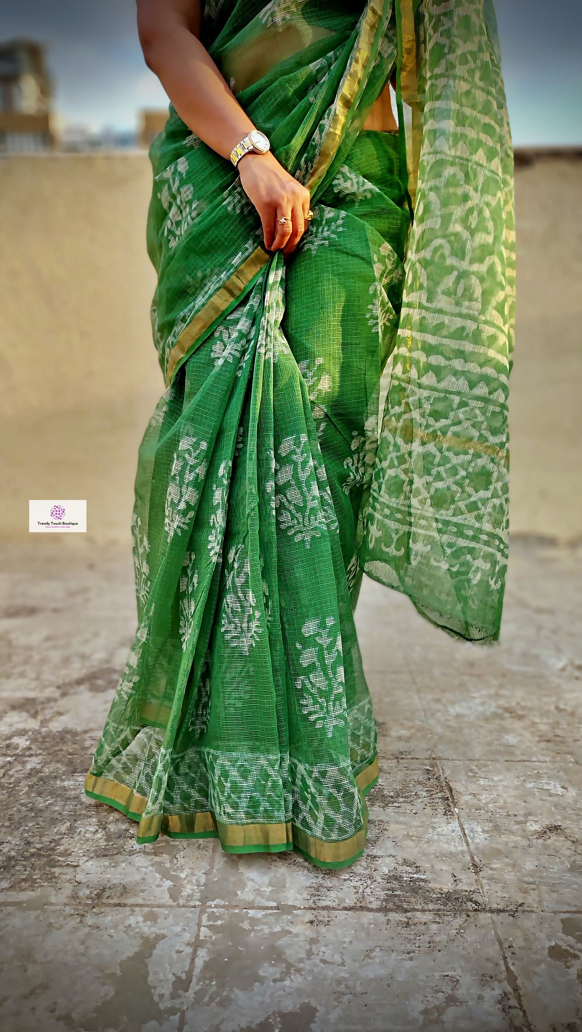 Organic Kota Doria Saree Handblock print in natural dye green soft best summer saree for office and casual outing best price with blouse piece