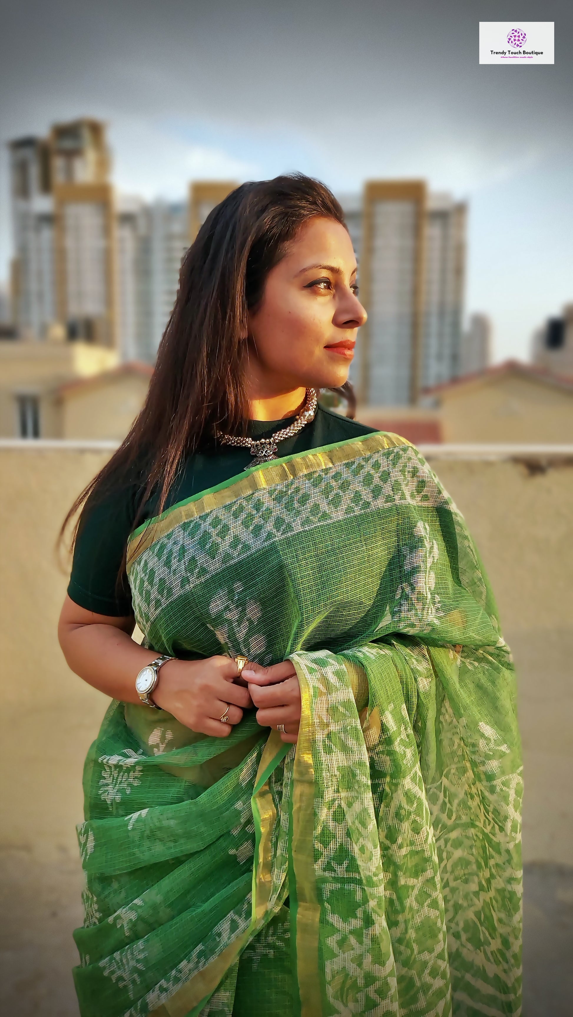 Organic Kota Doria Saree Handblock print in natural dye green soft best summer saree for office and casual outing best price with blouse piece