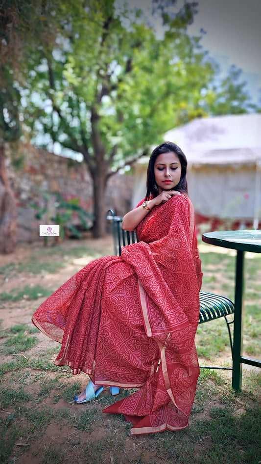 Organic Kota Doria Saree Handblock print in natural dye red soft best summer saree for office and casual outing best price with blouse piece