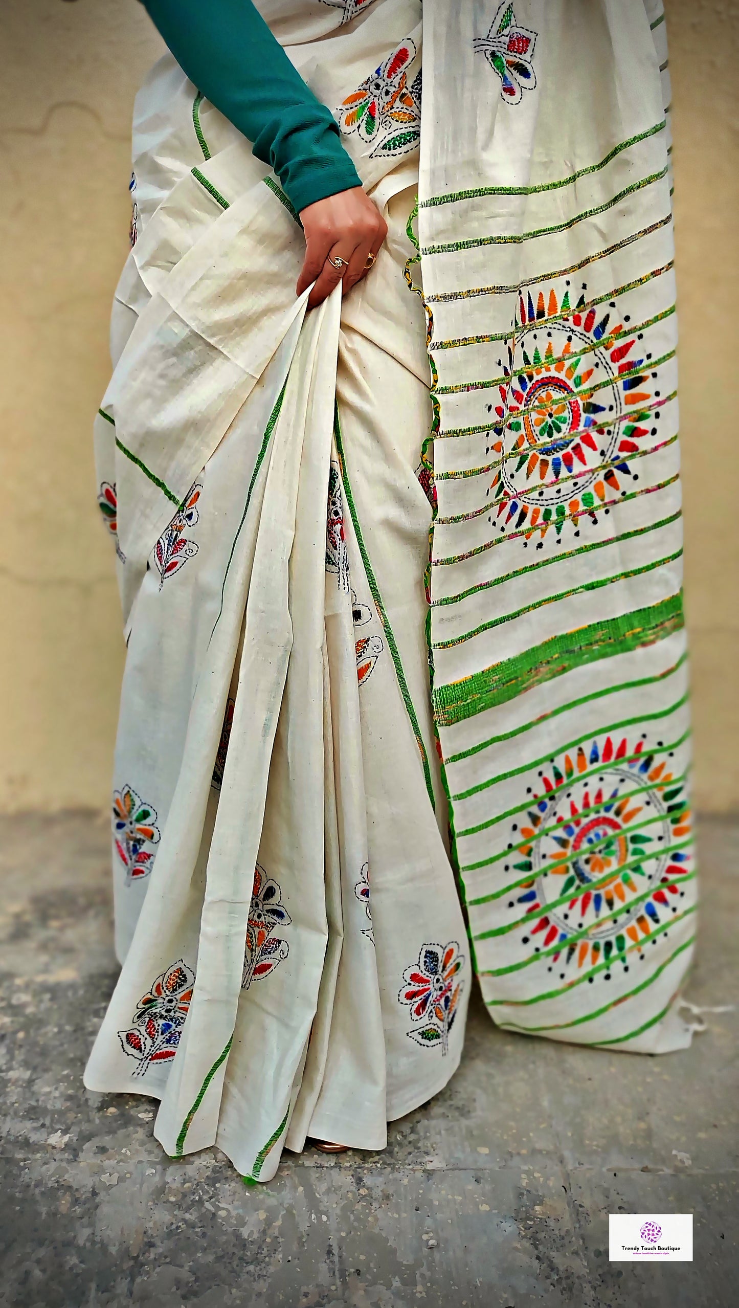 Kantha Stitch Work hand embroidered white Designer pure khesh khadi cotton handloom Saree best price new design festive fashion wedding party wear marriage function special occasion with blouse piece