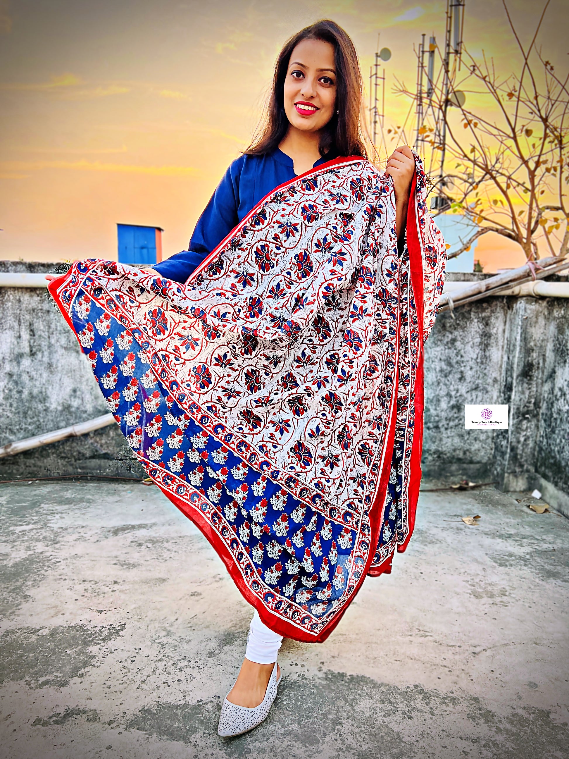 Mulcotton blue red white floral prints handblock print dupattas for everyday summer kurti pairing for office and college wardrobe needs, best price, summer sale!