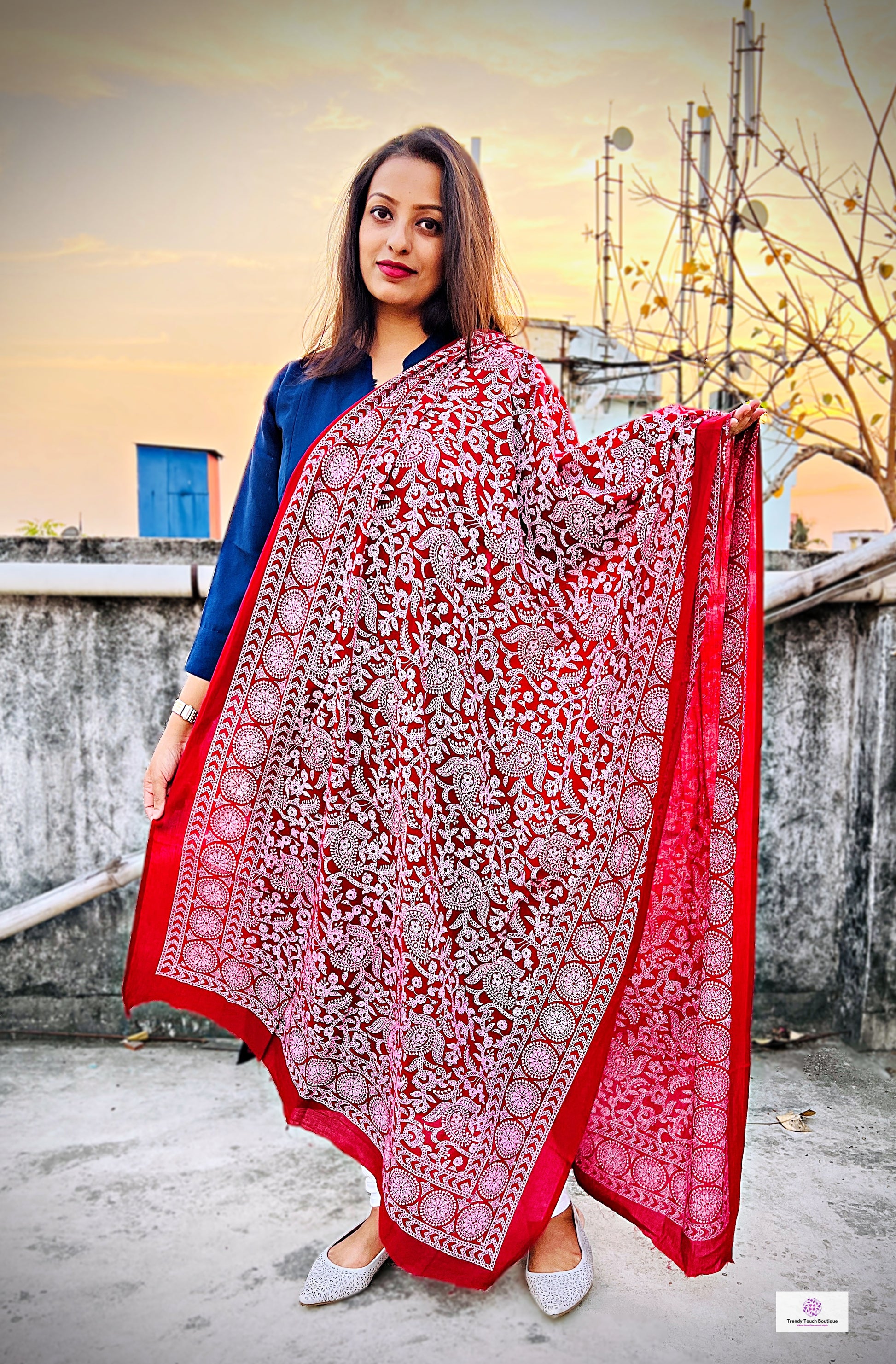 Red mulcotton handblock print dupattas for summer office and college everyday wear , best price !