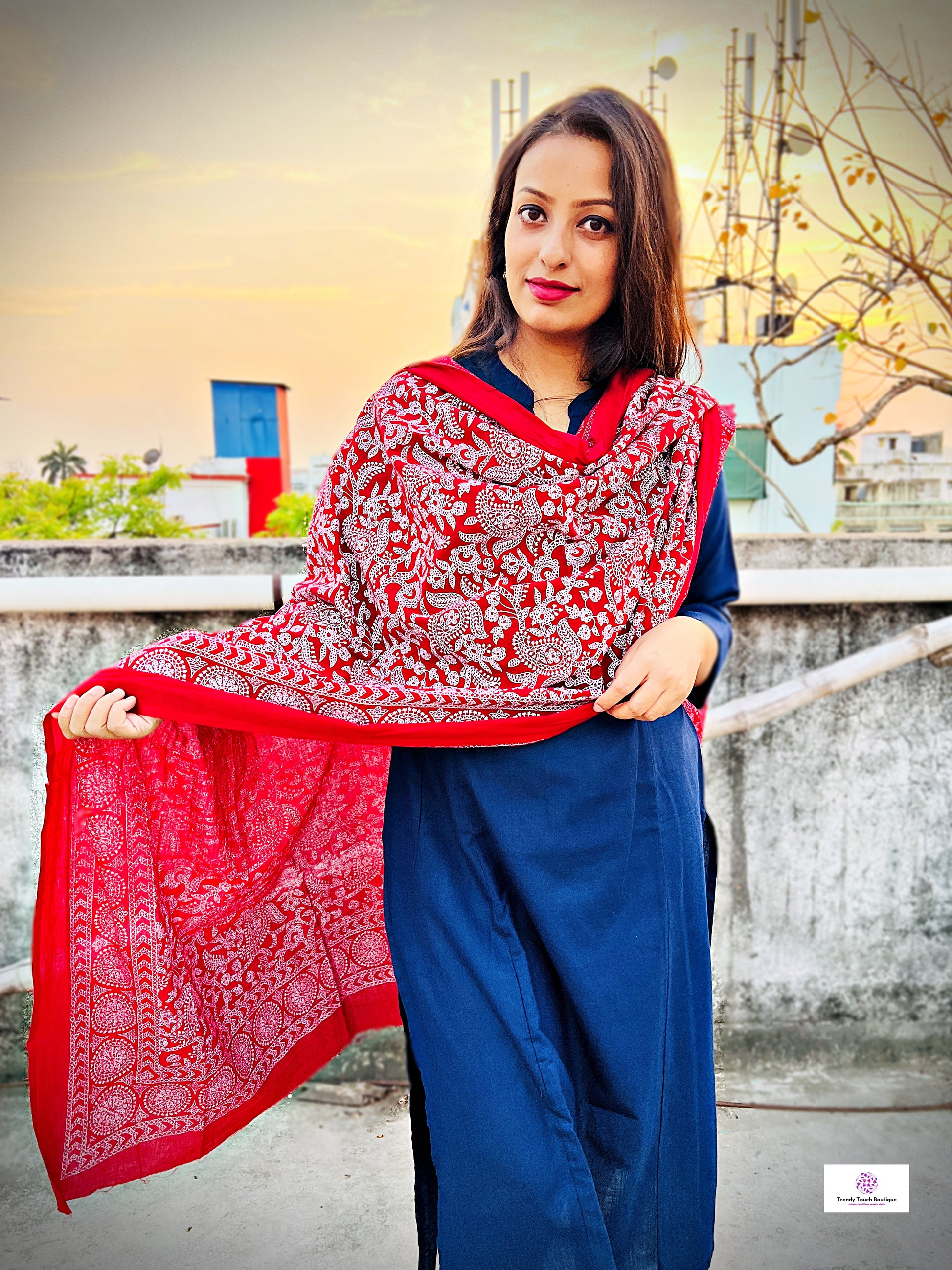 Red mulcotton handblock print dupattas for summer office and college everyday wear , best price !