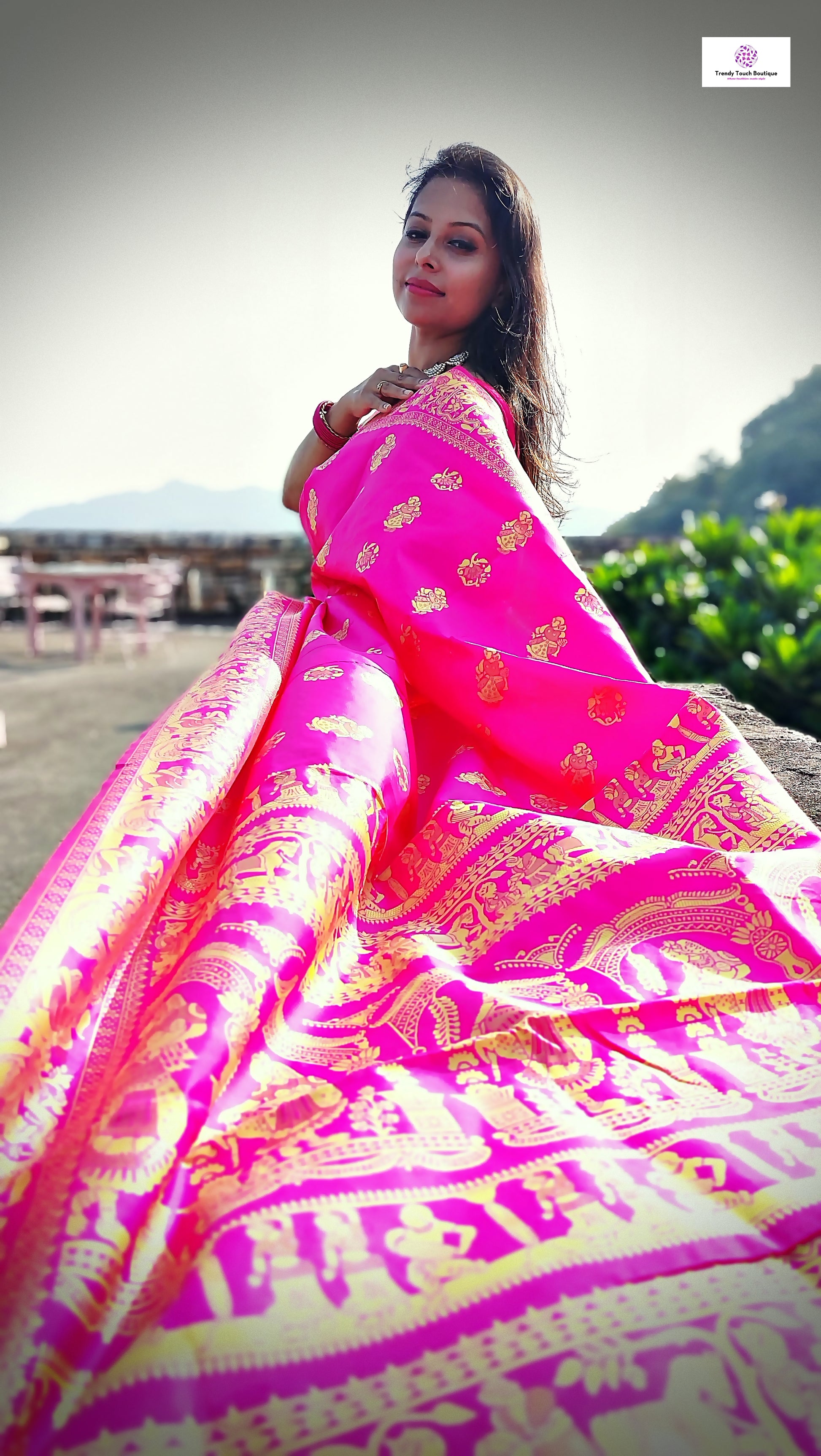 hot pink art silk baluchari silk saree for special ocassion marriage and wedding function with blouse piece and best price