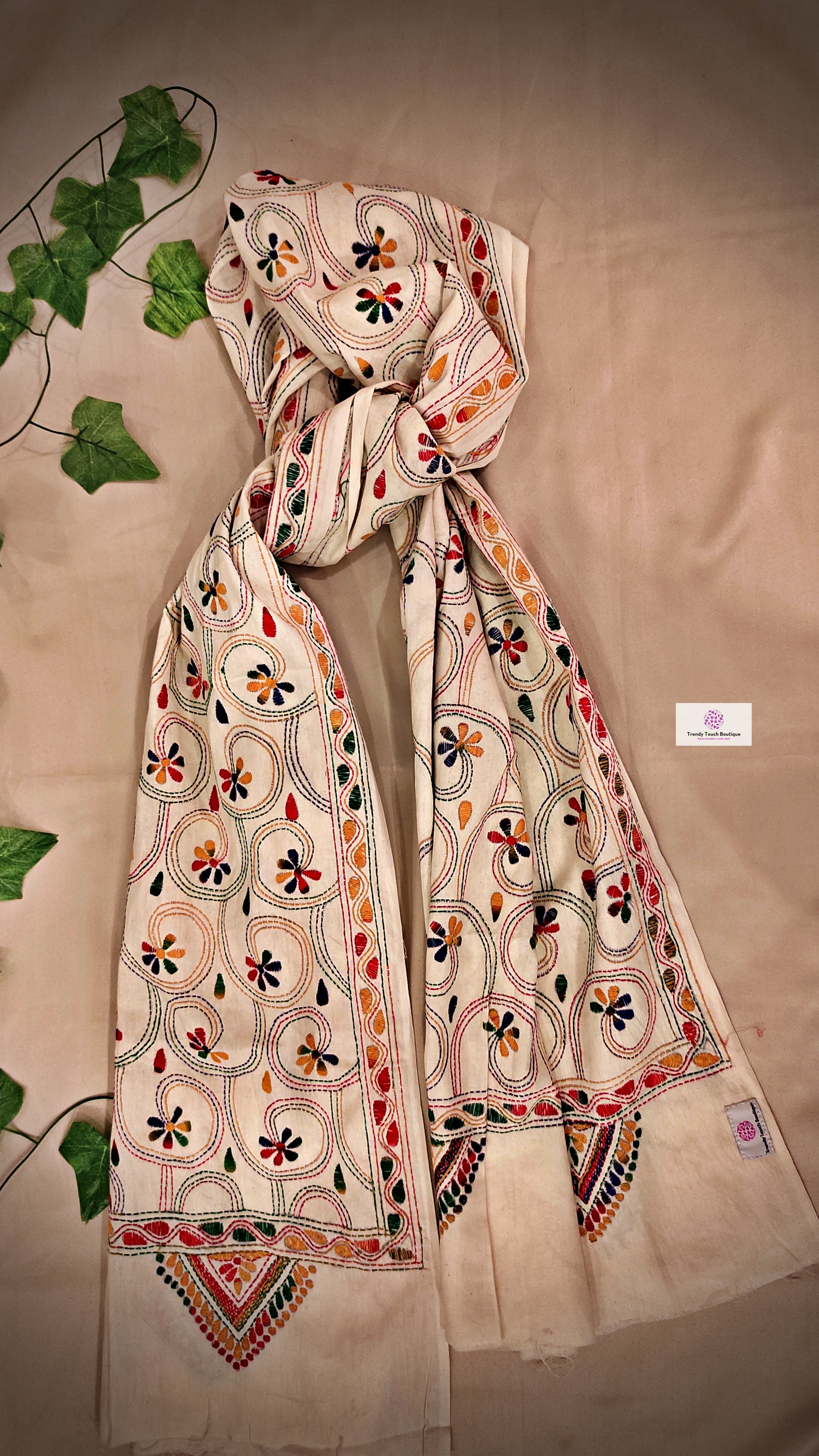 Kantha handembroidered ivory beige color pure cotton statement dupatta summer kurti styles celebrations and gifting holi spirng summer sale best price