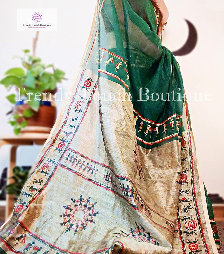 Hand-painted Saura Art inspired Silk Saree -VS00196 – Vipakka | Wear A Story